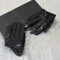 Fashion Women Peacock pattern Genuine Leather Sheepskin Half Palm Short Gloves Size S - Black