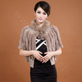 Genuine Knitted Rabbit fur shawl wrap cape fashion women winter warm tippet Poncho - Khaki