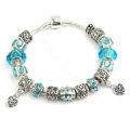925 Silver Charm Bracelets for Women Heart Blue Crystal Murano Glass Beads Jewelry