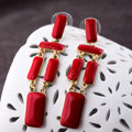 Luxury Unique Red Gemstone Drop Stud Earrings Gold Plated Women Fashion Jewelry