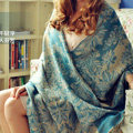 Classic Extra large Jacquard Tassels Cape Floral Print Shawl National Style Warm Long Scarf - Blue