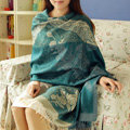 Hot sell Extra large Jacquard Tassels Cape Floral Print Stripes Shawl National Style Warm Long Scarf - Blue