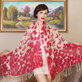 Economic Butterfly Flower Printing Tassels Wool Scarf Shawls Women Long Warm Pashmina Cape - Red
