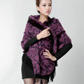 Top Grade Jacquard Weave Wool Thicken Shawls Rex Rabbit Fur Scarf Women Pashmina Cape - Purple