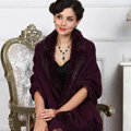Top Grade Solid Color Wool Shawls Rex Rabbit Fur Collar Scarf Women Thicken Tassels Cape - Purple