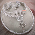 Elegant Bride Wedding Lace Flower Rhinestone Crystal Necklace Earrings Set Bridal Jewelry