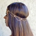 Fashion Simple Woman Bohemia Golden Alloy Pearl Wave Tassel Chain Headband Hair Accessories
