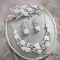 Luxury Wedding Jewellery Porcelain Flower Crystal Rhinestone Bridal Headband Earrings Necklace Sets