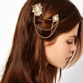 Retro Woman Gold Plated Alloy Crystal Pearl Hollow Flower Tassel Edge Side Clip Hair pin Accessories