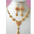 Vintage Wedding Bridal Jewelry Rhinestone Flower Pink Gold Plated Chain Necklace Earrings Set