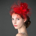 European Red Flower Crystal Gauze Bridal Fascinator Hair Accessories Wedding Party Prom Hat Face Veils