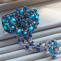 European Retro Peacock Blue Rhinestone Flower Bridal Bracelet Wedding Dress Crystal Bangle Chain Jewelry