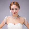 Luxurious Bride Crystal Beads Lace Wedding Shawl Bridal Stage Duchess Shoulder Chain & Earrings Jewelry