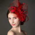 Newest European Red Crystal Gauze Bridal Feather Fascinator Hair Accessories Wedding Dress Prom Hat