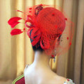 Vintage Bridal Flower Feathers Fascinator Wedding Accessories Prom Party Red Gauze Hats Face Veils