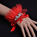 Vintage Red Lace Flower Rhinestone Bridal Wristlet Wedding Dress Perform Nail Bead Gauze Bracelet Accessories