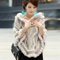 Autumn Winter Real Rabbit Fur Shawl Women Sweater Poncho With Hoody Knitted Pullovers Beige