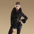 Cool Genuine Pig Leather Coat With Large Fox Fur Collar Women Winter Belt Fur Jacket - Black