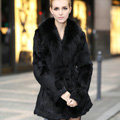 Extreme Luxury Women Long Genuine Rabbit Fur Coats With Fox Fur Collar Warm Slim Outerwear - Black