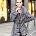 Extreme Luxury Women Long Genuine Rabbit Fur Coats With Fox Fur Collar Warm Slim Outerwear - Grey