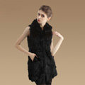Extreme Luxury Women Natural Rabbit Fur Vest With Hooded Winter Warm Fur Gilet - Black