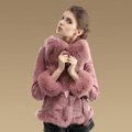 Fashion Genuine Pig Leather Coat With Large Fox Fur Collar Women Winter Belt Fur Jacket - Pink