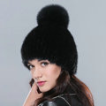 Fashion Genuine Whole Mink Fur Hats With Fox Fur Ball Women Winter Knitted Beanies Cap - Black