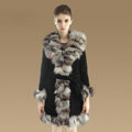 Fashion Women Nature Pig Leather Coat With Large Fox Fur Collar Female Winter Fur Parka - Black Grey
