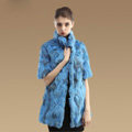 High Quality Natural Rabbit Fur Coat Women Fashion Long Stand Collar Fur Outerwear - Blue