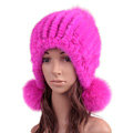 High Quality Real Mink Fur Hat With Fox Fur Balls Women Winter Knitted Beanies Dome Caps - Pure Rose