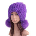 High Quality Real Mink Fur Hat With Fox Fur Balls Women Winter Knitted Beanies Dome Caps - Purple