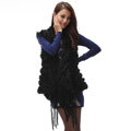 Luxurious Fashion Knitted Real Rabbit Fur Shawl Women's Tassels Pocket Long Fur Scarves Wrap - Black