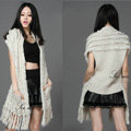 Luxurious Knitted Real Rabbit Fur Long Shawl Fashion Women's Tassels Pocket Fur Vests - Beige