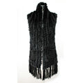 Luxurious Knitted Real Rabbit Fur Long Shawl Fashion Women's Tassels Pocket Fur Vests - Black