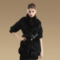 Luxurious Natural Rabbit Fur Coat Women Fashion Long Warm Stand Collar Fur Jacket - Black