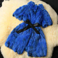 Luxurious Natural Rabbit Fur Coat Women Fashion Long Warm Stand Collar Fur Jacket - Dark Blue