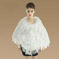 Luxury Fashion Women Genuine Knitted Rabbit Fur Shawl With Raccoon Fur Tassels Poncho - White