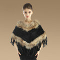 New Fashion Women Genuine Knitted Rabbit Fur Shawl With Raccoon Fur Tassels Poncho - Black
