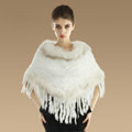 New Fashion Women Genuine Knitted Rabbit Fur Shawl With Raccoon Fur Tassels Poncho - White