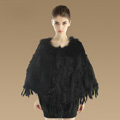 New Fashion Women Genuine Knitted Rabbit Fur Shawl With Raccoon Fur Tassels Pullover - Black