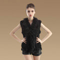 New Real Rabbit Fur Vest Fashion Raccoon Fur Collar Women Knitted Rabbit Fur Gilet - Black