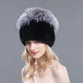 New Winter Genuine Rex Rabbit Fur Hat With Fox Fur Pom Poms Top Knitted Beanies For Women - Black