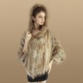 New Women Fashion Genuine Knit Rabbit Fur Poncho With Nature Raccoon Fur Hooded Shawl - Brown