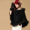 Newest Raccoon Fur Collar Autumn Winter Rabbit Fur Shawl Poncho With Hoody Knitted Women's Sweatercoat Black