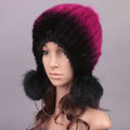 Unique Real Mink Fur Hat With Fox Fur Balls Women Winter Knitted Beanies Dome Caps - Black Rose