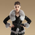 Winter Fashion Women Natural Sheep Leather Coat With Genuine Fox Fur Collar Belt Jackets - Black