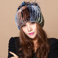 Winter Knitted Beanies Genuine Rex Rabbit Fur Hat With Fox Fur Flower Top Women Hat - Four Color
