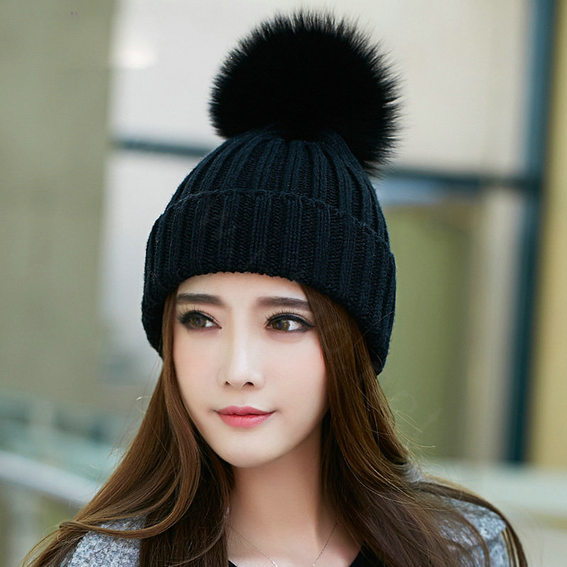 Buy Wholesale Winter Warm Knitted Beanies Hat With Fox Fur Poms Poms ...