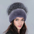 Women Winter Knitted Beanies Genuine Rex Rabbit Fur Hat With Fox Fur Pom Poms Top - Nature Blue