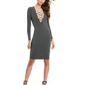 Autumn Dresses Long Sleeved Sexy Female Band Nightclub A-Line Cotton - Grey